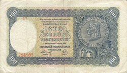 100 korun korona 1940 Szlovákia I. kiadás nem perforált Vízjel: Női fej 1.