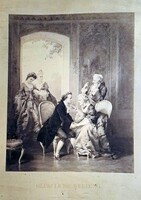 19. századi polgári enteriőr – leánykérés jelenet, régi grafika
