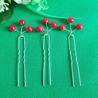 Piros gyöngyös menyasszonyi, menyecske hajtű, drótos hajdísz