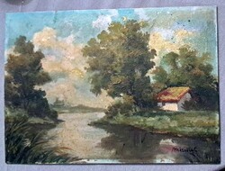 XIX SZ. Magyar festő ,Mészöly Géza: „Patakparti táj házzal” –