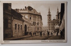Képeslap, Miskolc, Deák utca Minorita templommal 1929, Barasits János, Móriczné N. Lenke felvétellvé