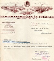 Levél: Magyar Kender, - Len - és Jutaipar Rt. 1938 Szeged.