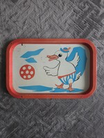 Retro fémtálca pöttyös labdával játszó kiskacsa