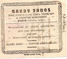 Reklám cédula: Bakay János, üveg, porcelán, Zenta, 1920.