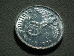 Németország, horogkeresztes ezüst birodalmi 5 Márka (Reichsmark), 1938 G