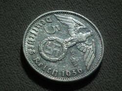 Németország, horogkeresztes ezüst birodalmi 5 Márka (Reichsmark), 1936 G