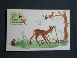 Képeslap,Iskolai takarékbélyeg gyűjtés,grafikai rajzos,Samu Józsefné,őz,roller,sűn,mókus,1950-