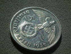Németország, horogkeresztes ezüst birodalmi 5 Márka (Reichsmark), 1936 D