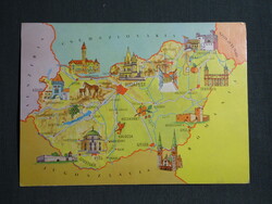 Képeslap,térképes,Magyarország nevezetességei,Pécs,Szigetvár,Szeged,Eger,Sárospatak, 1970-
