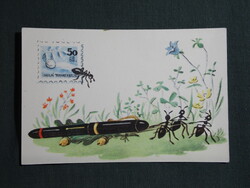 Képeslap,Iskolai takarékbélyeg gyűjtés,grafikai rajzos,Samu Józsefné,hangya,töltőtoll,1950-