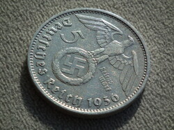 Németország, horogkeresztes ezüst birodalmi 5 Márka (Reichsmark), 1936 D