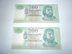 2 db. sorszámkövető 200 forint 1998 FA UNC