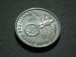 Németország, horogkeresztes ezüst birodalmi 2 Márka (Reichsmark), 1939 D