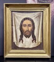 Antik szentkép festmény, Jézus halotti leplének feldolgozása fém lemezre festve