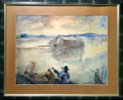 Gallé Tibor: fishermen, with a ship mill, 1920s, in a nice frame! Waterside life, lakeside landscape