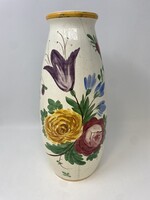 Nagyméretű antik Fischer Emil magyar népi szecessziós fajansz váza kézzel festett virágok (36cm) RZ