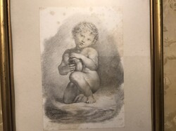 Művészi kvalitású, aláírt, 19. sz.-i puttó ceruza rajz. Cyril betűs művész.