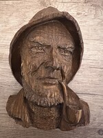 Vintage kézzel faragott fa dombormű – idős férfi pipával (pár egyik darabja)