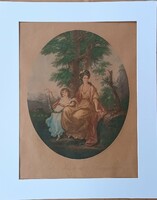 Lady Rushout és lánya - antik festett metszet Angelica Kauffmann után  T. Burke 1784.