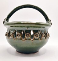 Zsűrizett magyar kerámia kosár – zöld mázas, Hand Made Hungary (vintage)