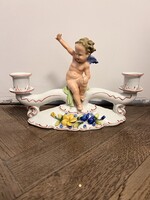 Régi porcelán puttós, kétkarú gyertyatartó – restaurálási lehetőség