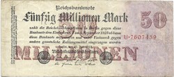 50 millió márka 1923.07.25. Birodalmi kiadás 7 jegyű sorszám Németország 1.