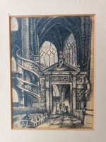 Albany E. Howarth (1872-1936) - festett rézkarc - Székesegyház belső tere