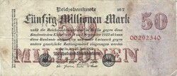 50 millió márka 1923.07.25. Fekete T sorozazatszám 8 jegyű sorszám Németország Ritkább