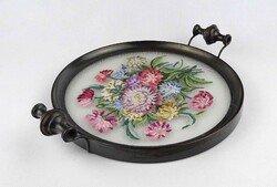 1Y372 Réz keretes hímzett virágdíszes üveg tálca