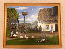 Falusi élet – élénk, friss színekkel festett naiv stílusú olajfestmény, 52,5 × 40,5 cm, keretezve