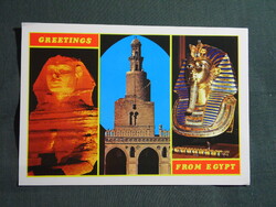 Képeslap,Egyiptom,Gíza,Kairó,Tutanhamon fáraó halotti maszkja,Szfinx,Ibn Tulun mecset,1990-