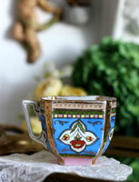 Kuriózum! Antik, világoskék, aranyozott, szögletes porcelán, kézifestett teás csésze