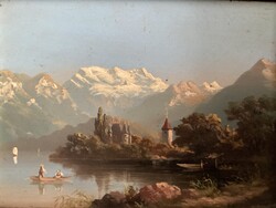 19.sz.-i osztrák tájkép , csónakázókkal .