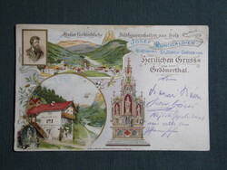 Képeslap,litho,Olaszország,St. Ulrich-Gröden-Tirol,Ortisei,Josef Runggaldier egyházi faszobrász,1900