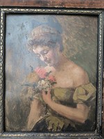 Antik figurális fiatal hölgy viràggal festmény.Jó kvalitàs jelzett Ott Zoltán .Életkép Portré