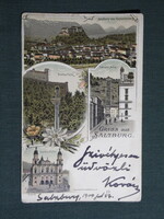 Képeslap,litho,Ausztria,Salzburg,Kapuzinerberg,Drahtseilbahn,Elektrischer Aufzug,fogaskerekű,1900-