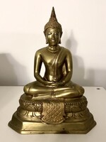 Aranyozott vintage bronz Buddha szobor, 24 cm magas, Thaiföld