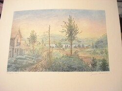 Gross Arnold Visegrádi házak eredeti színes rézkarc