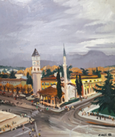 1 FT-RÓL! Nagyvárosi részlet 50x40 cm olajfestmény, nincs minimálár! Zamir Mati - Albánia, Tirana
