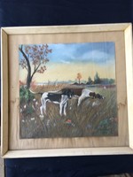 Szignózott , kutyákat ábrázoló pasztell kép .