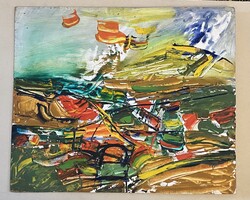 BIRKÁS ISTVÁN (1947-2018) DOMBOK KÖZÖTT, TÁJKÉP, JELZETT KÉPCSARNOKOS, OLAJ, FAROST RETRO FESTMÉNY 7