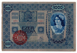 1000 Korona Bankjegy 1902 Magyarország felülbélyegzéssel F