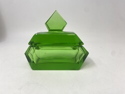 Csodás smaragdzöld Art Deco üveg fedeles tartó, ékszertartó, kis méretű bonbonier - RZ