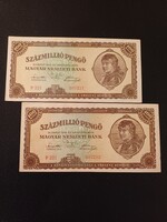 1946 Százmillió Pengő sorközeli páros [ Egyik Aunc , másik XF + ]
