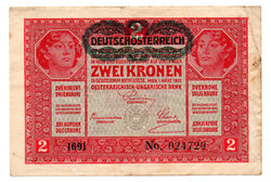 2 Korona Bankjegy 1917 Deutschösterreich bélyegzéssel VF