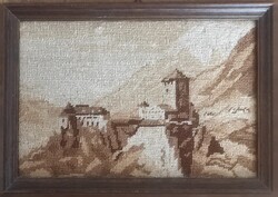 18*12 cm Vintage tűgobelin falikép – Holzwurm Wiener Neustadt – keretezve