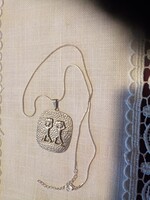 Retro  kalapált ezüstözött réz iparművészeti nyaklánc   - medál + lánc