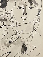 CSOHÁNY KÁLMÁN (1925-1980) TUS RAJZ, LÁNY PORTRÉ, VIRÁGGAL, DR. MENYHÁRT LAJOSNAK DEDIKÁLVA 37 X 27