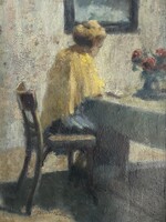 TSCHEIK ERNŐ ELEMÉR (1880-) ASZTALNÁL OLVASÓ, KONTYOS NŐ, JELZETT OLAJ KARTON FESTMÉNY ARANY KERETBE