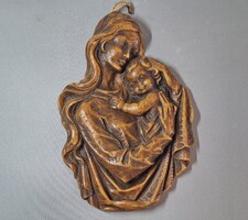 Old Large Hand-Carved Wax Figure of Madonna with Child, Wall Art, Relief